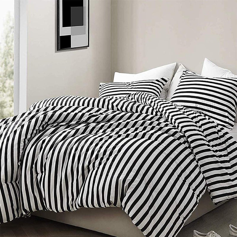 Cottonight Striped Comforter Set Queen White and Black Striped Comforter Full Vertical Modern Cotton Soft Breathable Bedding Comforter Set for Women Men Adults Kids - Image 2